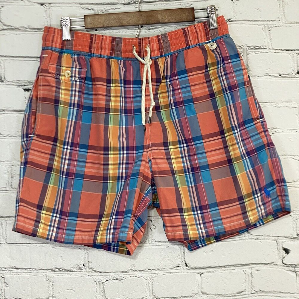 Polo Ralph Lauren Swimwear Mens Size L Plaid Mesh Lined Shorts Drawstring Logo‎